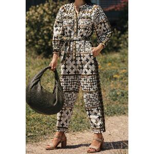 NWT CLEOBELLA nadia organic denim jumpsuit in art deco print, XS $290
